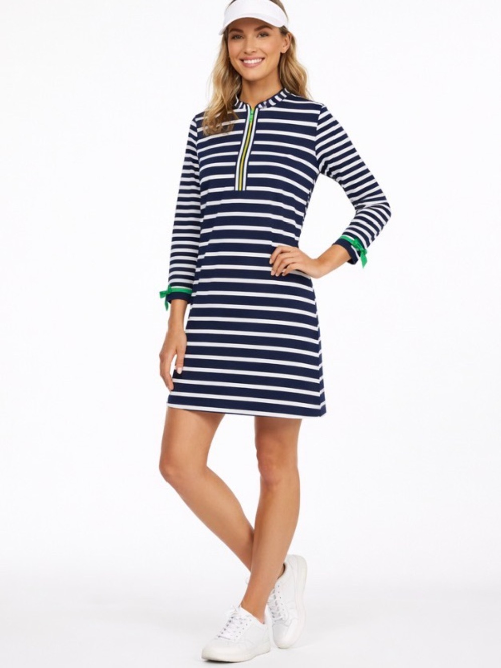 IBKUL UPF 50 Stripe Dress Blue White Zip Neck Golf Tennis Grosgrain Bow Cuffs - Picture 2 of 8